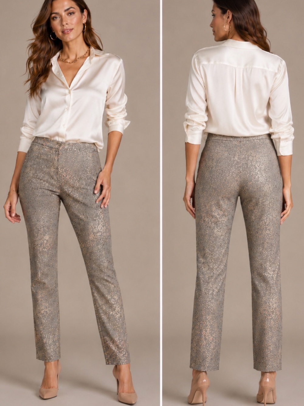 Metallic Snake-Print Straight Leg Pants - Cream/Gold